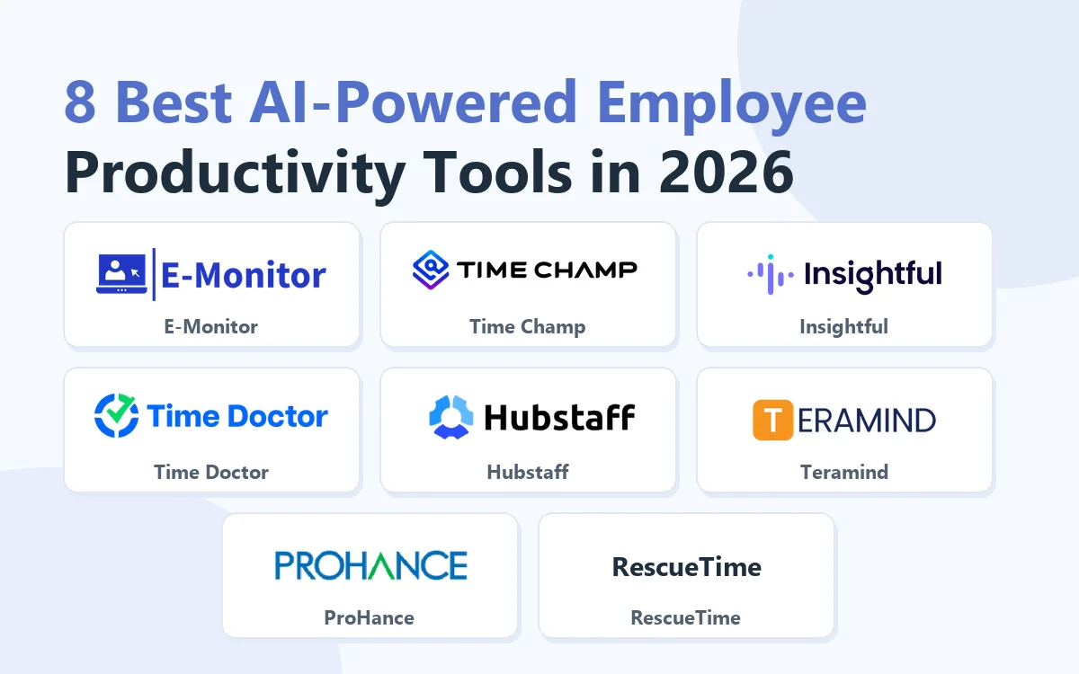 8 Best AI-Powered Employee Productivity Tools in 2026: E-Monitor, Time Champ, Insightful, Time Doctor, Hubstaff, Teramind, ProHance, RescueTime