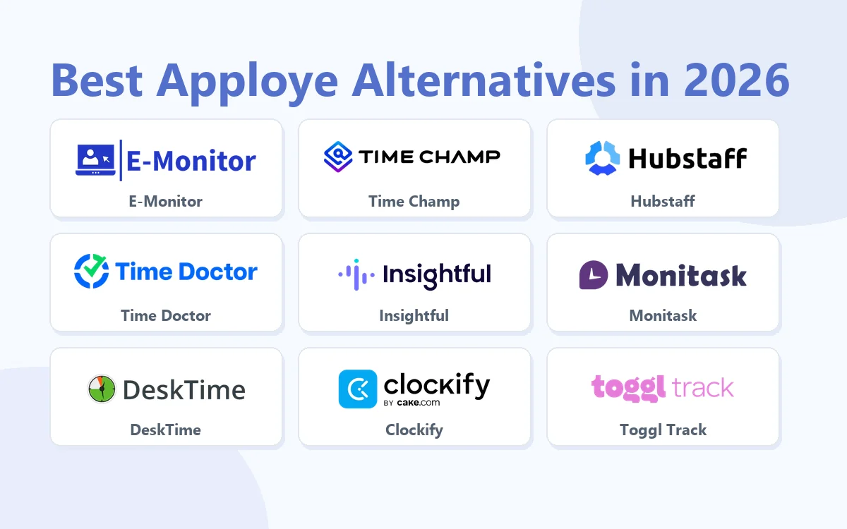 Best Apploye Alternatives in 2026: E-Monitor, Time Champ, Hubstaff, Time Doctor, Insightful, Monitask, DeskTime, Clockify, Toggl Track