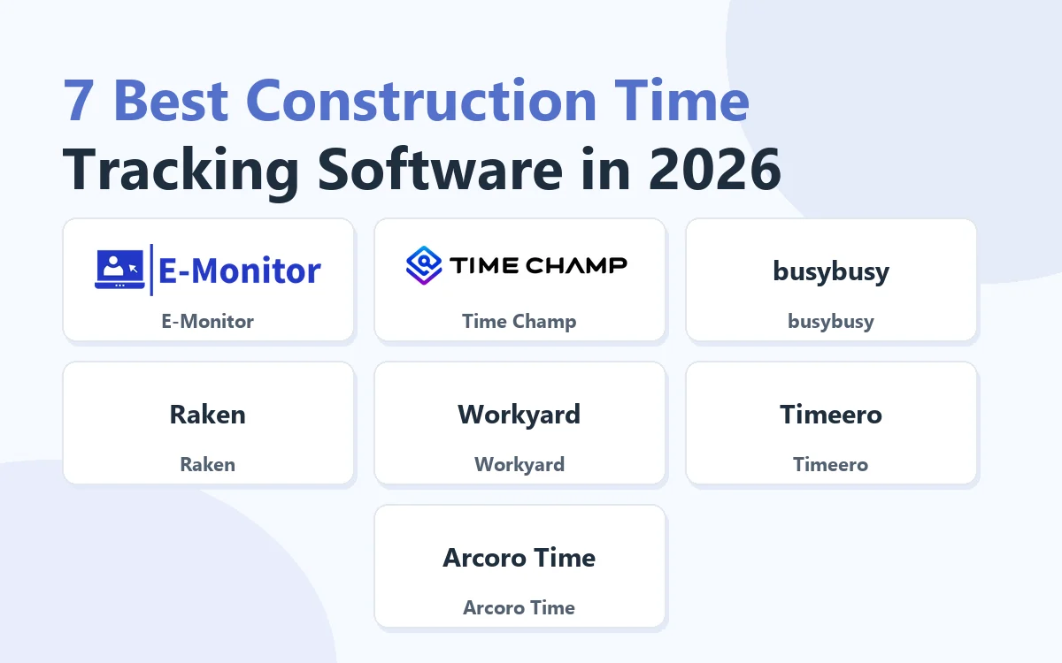 7 Best Construction Time Tracking Software in 2026: E-Monitor, Time Champ, busybusy, Raken, Workyard, Timeero, Arcoro Time