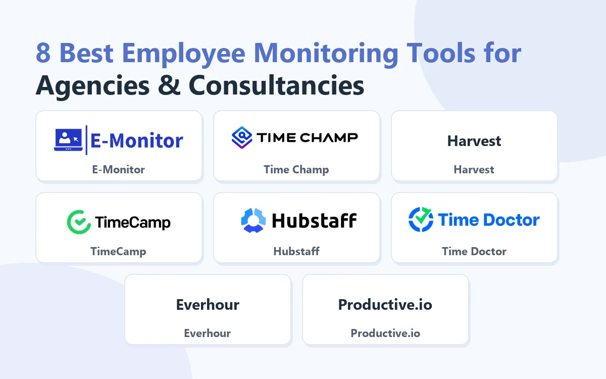 8 Best Employee Monitoring Tools for Agencies & Consultancies: E-Monitor, Time Champ, Harvest, TimeCamp, Hubstaff, Time Doctor, Everhour, Productive.io
