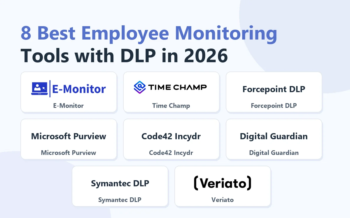 8 Best Employee Monitoring Tools with DLP in 2026: E-Monitor, Time Champ, Forcepoint DLP, Microsoft Purview, Code42 Incydr, Digital Guardian, Symantec DLP, Veriato