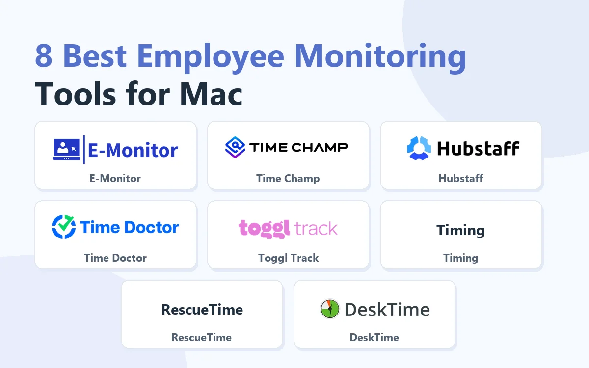 8 Best Employee Monitoring Tools for Mac: E-Monitor, Time Champ, Hubstaff, Time Doctor, Toggl Track, Timing, RescueTime, DeskTime