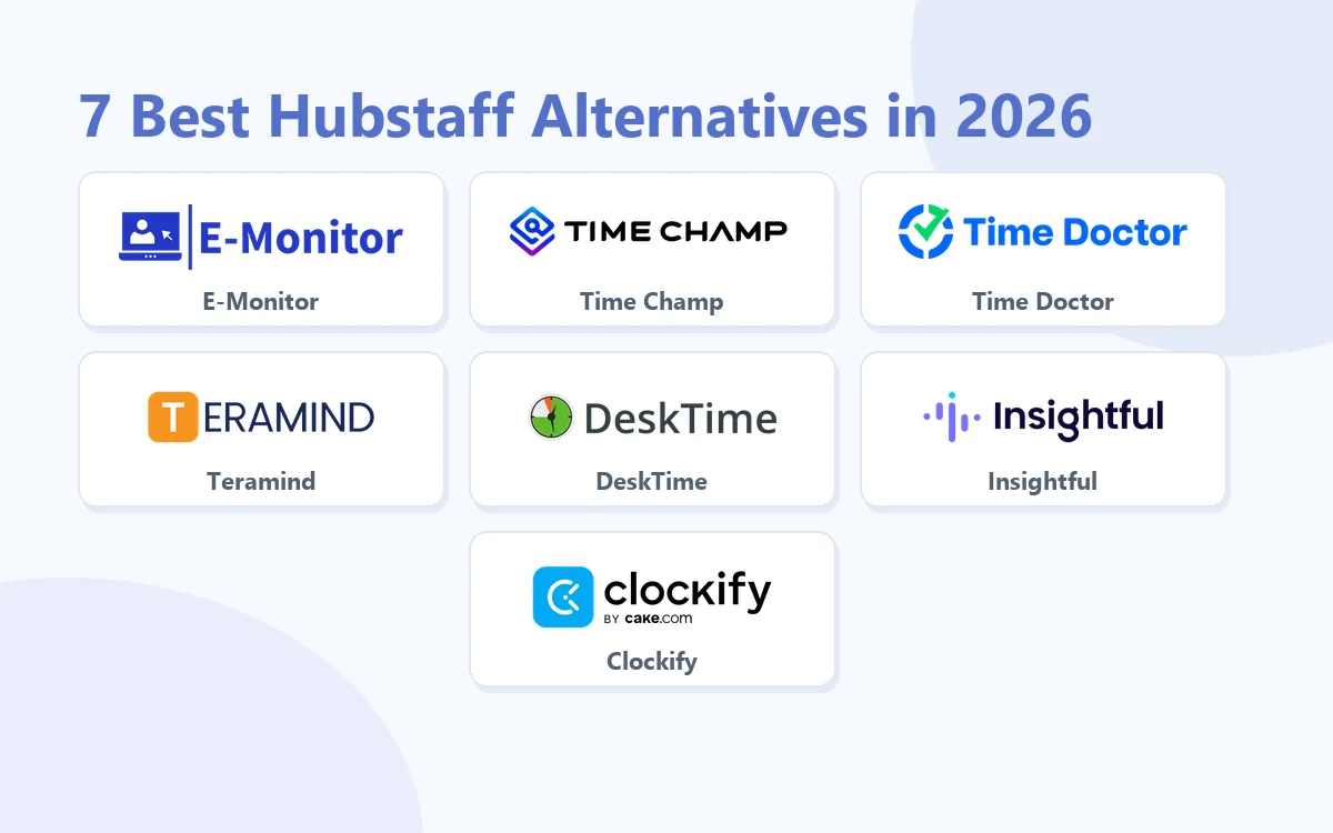 7 Best Hubstaff Alternatives in 2026: E-Monitor, Time Champ, Time Doctor, Teramind, DeskTime, Insightful, Clockify