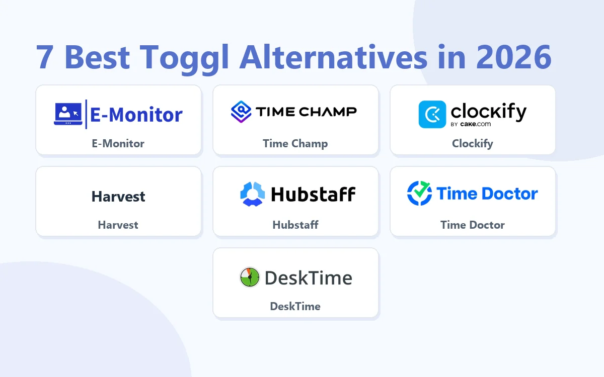 7 Best Toggl Alternatives in 2026: E-Monitor, Time Champ, Clockify, Harvest, Hubstaff, Time Doctor, DeskTime