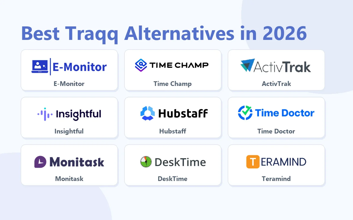 Best Traqq Alternatives in 2026: E-Monitor, Time Champ, ActivTrak, Insightful, Hubstaff, Time Doctor, Monitask, DeskTime, Teramind