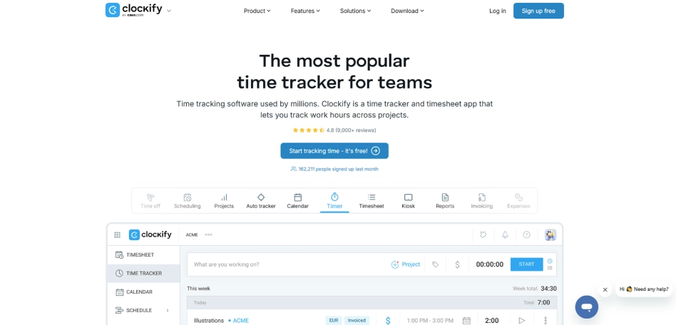 Clockify homepage screenshot