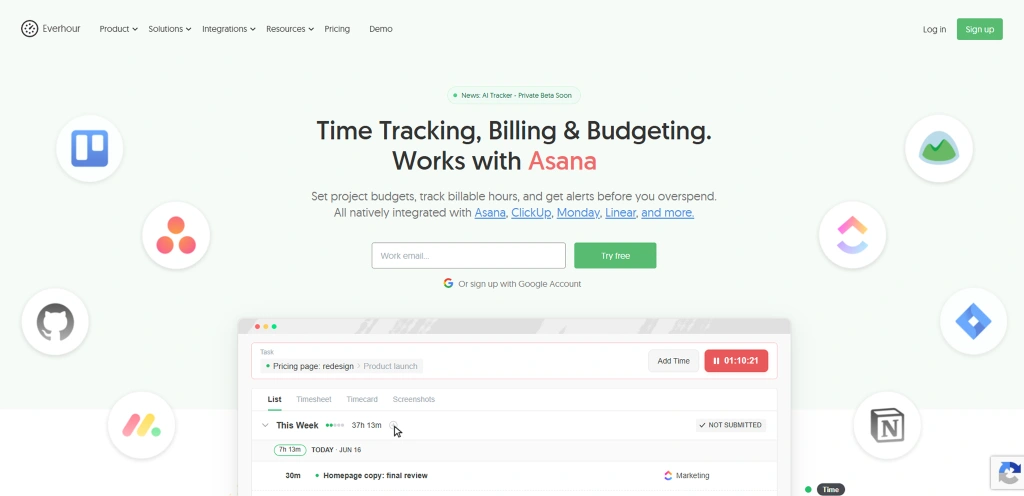 Everhour homepage screenshot