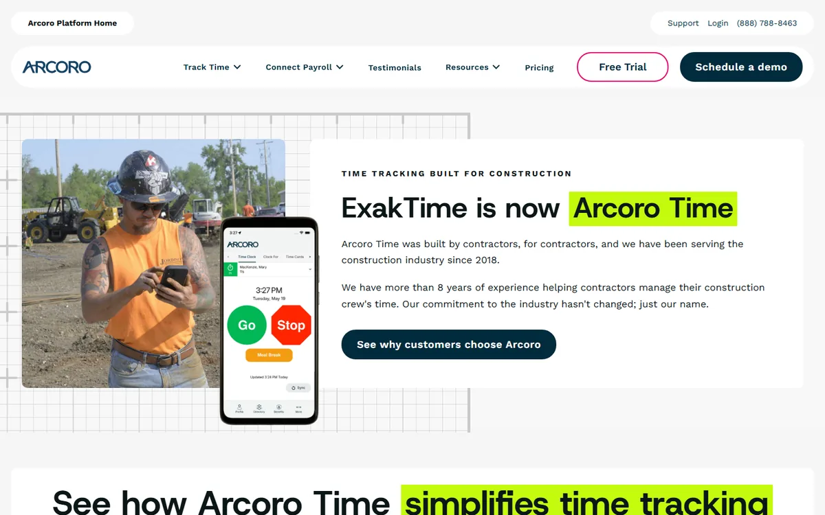 Arcoro Time (formerly ExakTime) homepage screenshot