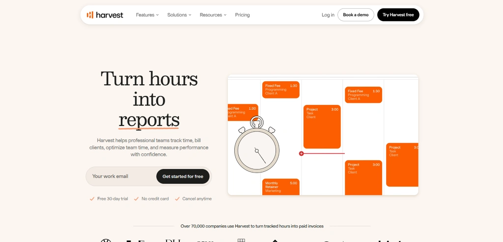 Harvest homepage screenshot