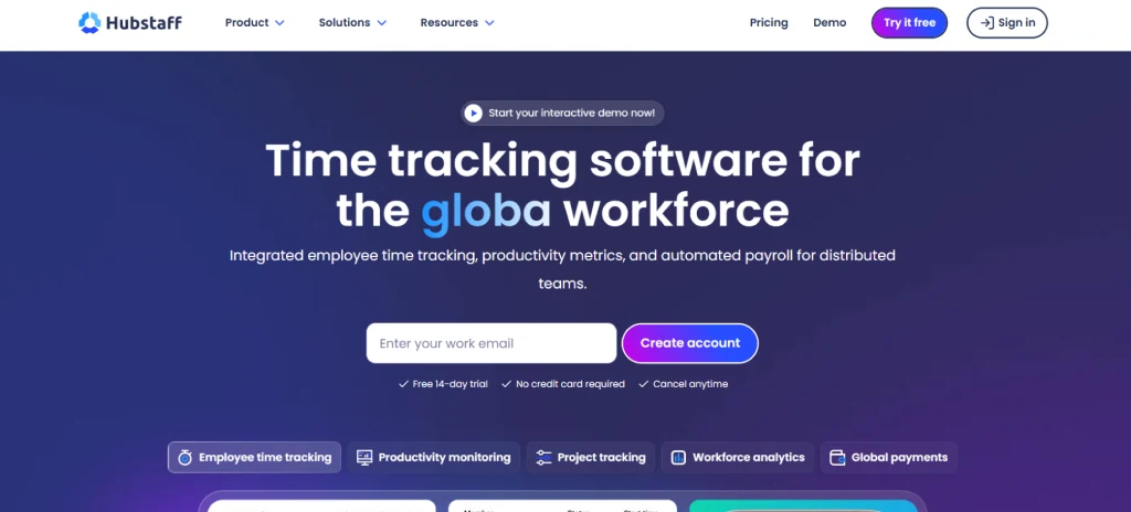 Hubstaff homepage screenshot