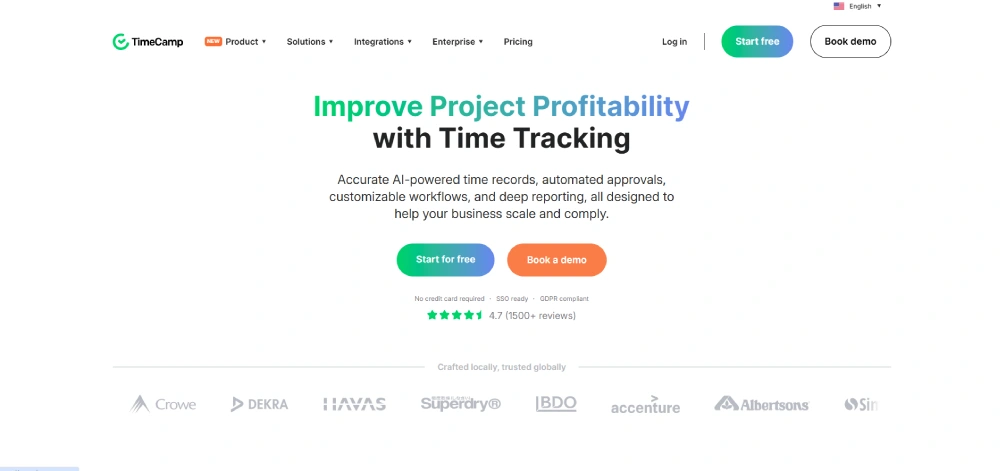 TimeCamp homepage promoting project profitability through time tracking